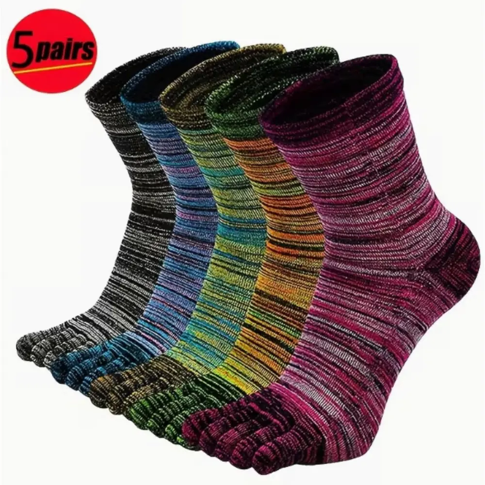 5-Pair Pack Men'S Autumn & Winter Five-Toe Sports Socks | Toe-Separated Running Socks, Sweat-Absorbent, Breathable, Non-Slip, Wear-Resistant, Mid-Calf Striped Socks, Mid-Rise Warm Socks for Men