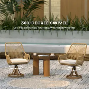 Outsunny Outdoor Patio Swivel Chairs Set of 2, Rattan Patio Dining Chairs with Soft Cushions and Metal Frame for Backyard, Lawn, Porch or Garden, Khaki