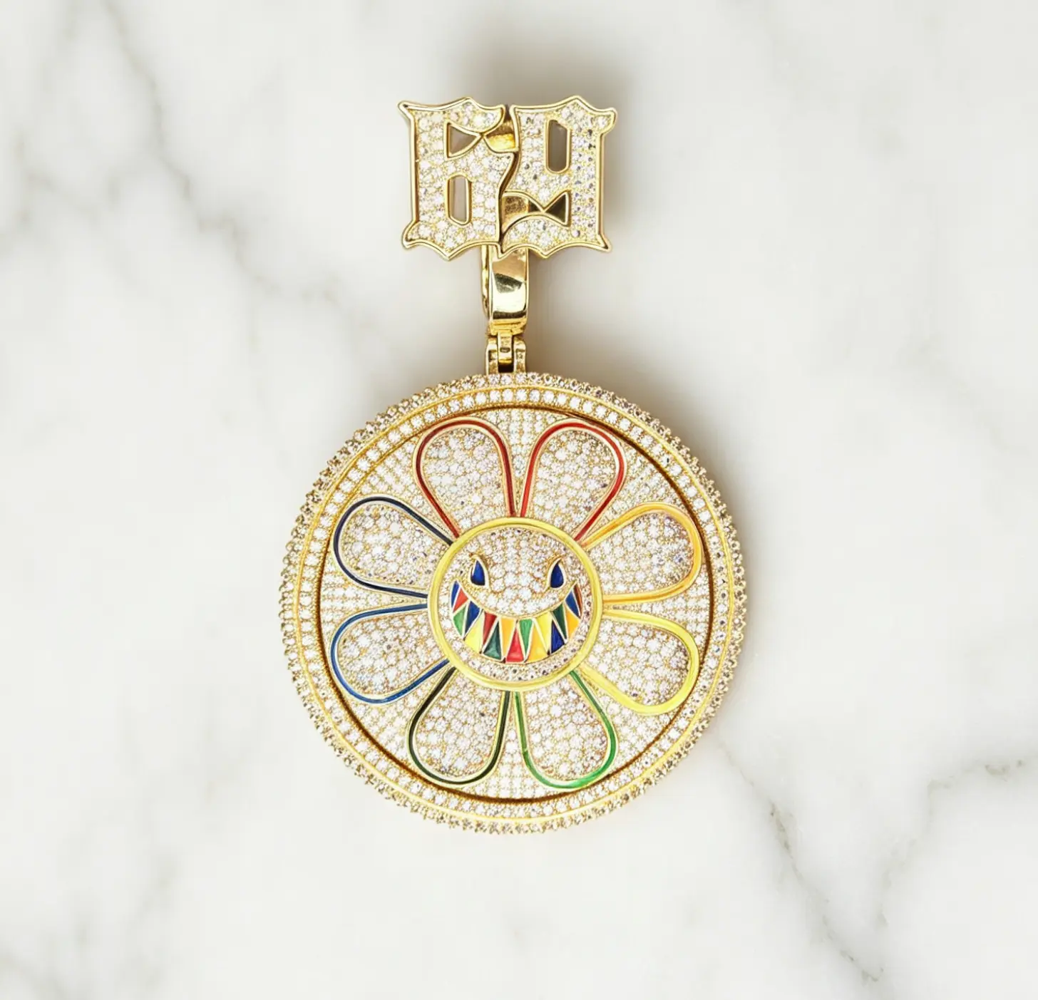 M2-21853D Sculpted Smiley Flower 69 Pendant - Oversized Rotatable Statement Piece for Hip Hop and Street Fashion	