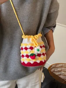 Women's New Fashion Cute Trendy Versatile Knitted Bucket Bag Crossbody Bag, Crochet Flower Drawstring Small Bag, Single Shoulder Bag Handheld