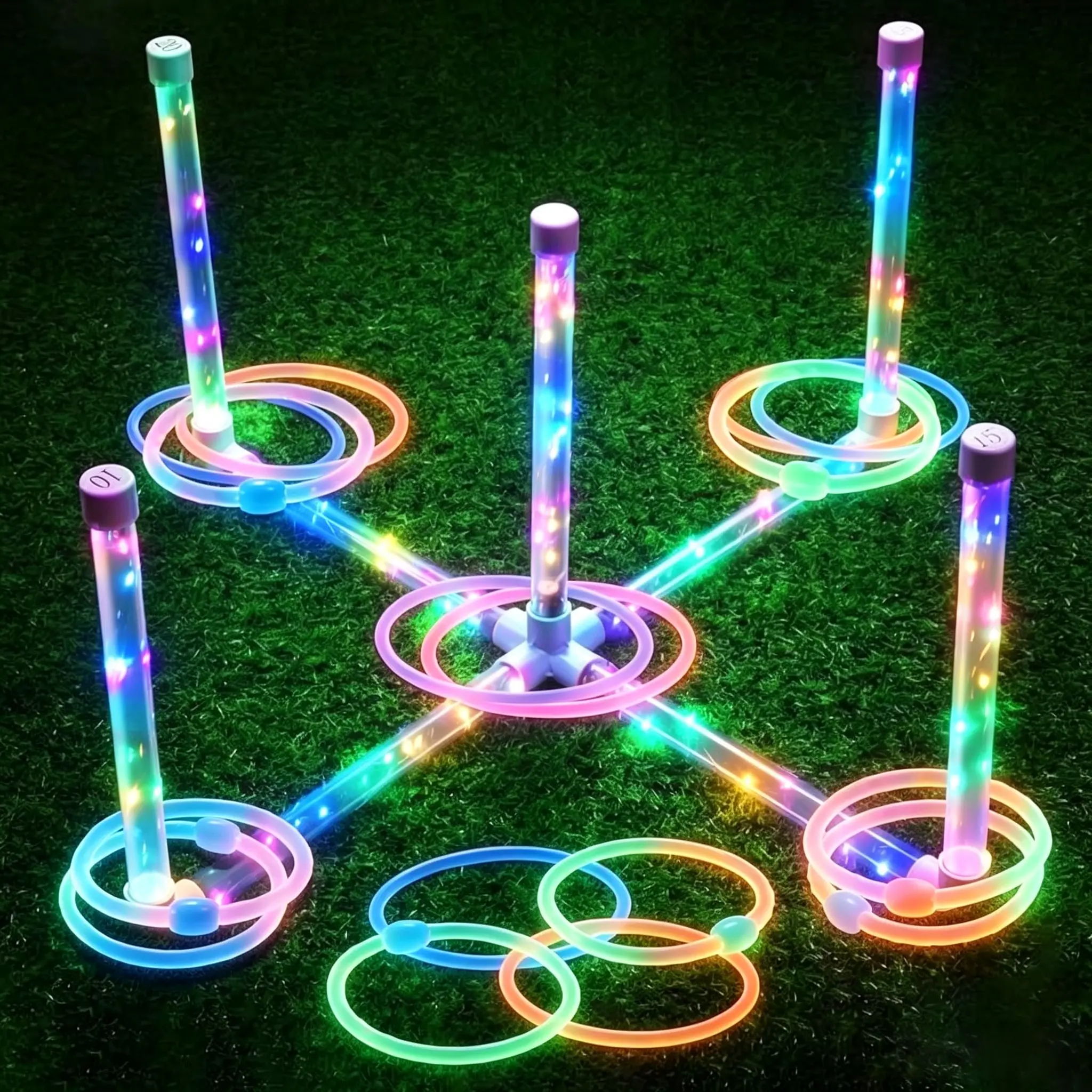LED Light-Up Ring Toss Game Set - 3 Flashing Modes, Waterproof 8-Piece Colorful Glowing Rings, Outdoor Indoor Toy for Kids, Backyard Camping Activity