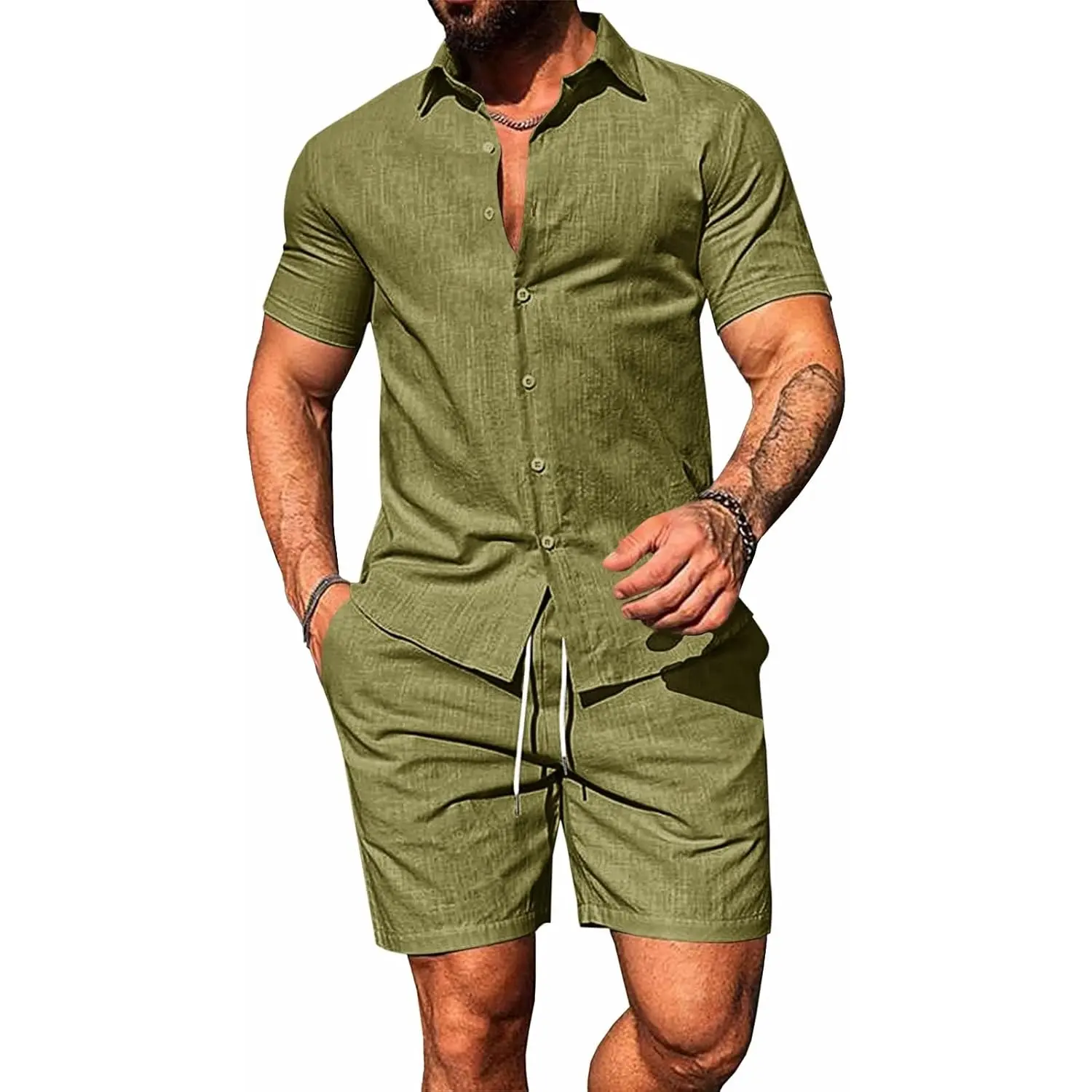 Runcati Mens Summer Beach Outfits 2 Piece Short Sleeve Sets Button Down Linen Cotton Shirts and Shorts Casual Vacation Set