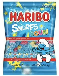 Haribo Sour Smurf Gummy Bears 4 oz Bag - 4 bags fun and Colorful Snack