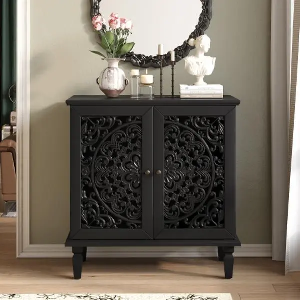 Vintage Wood Blend Accent Cabinet - 2 Doors, Hollow Floral Carve Design, Adjustable Shelf, Solid Legs Storage Sideboard for Living Room, Entryway