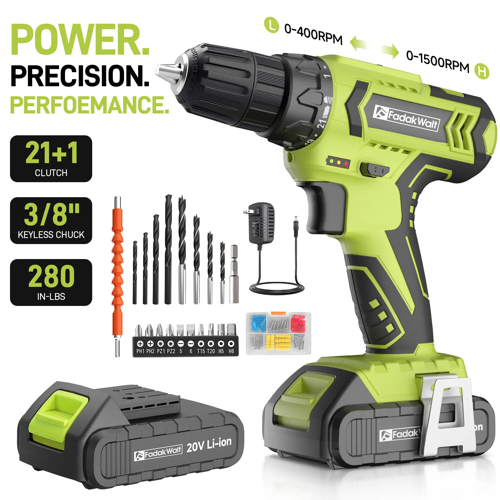 Fadak Drill & Screwdriver Combo Set — includes 1 drill and 1 charger, offers 22 optional accessories, high torque, home tool, large-capacity battery for long runtime, cordless drill, power tools