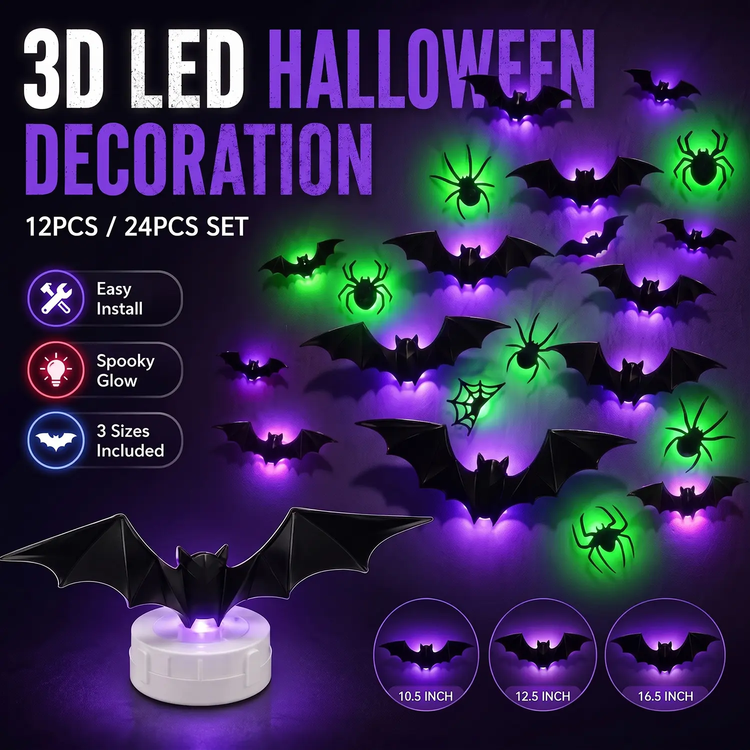 3D Halloween LED Flashing Light Wall Stickers, Party Decorations, 9 Spiders + 12 Bats, Spooky Wall Decor for Halloween Parties and Home