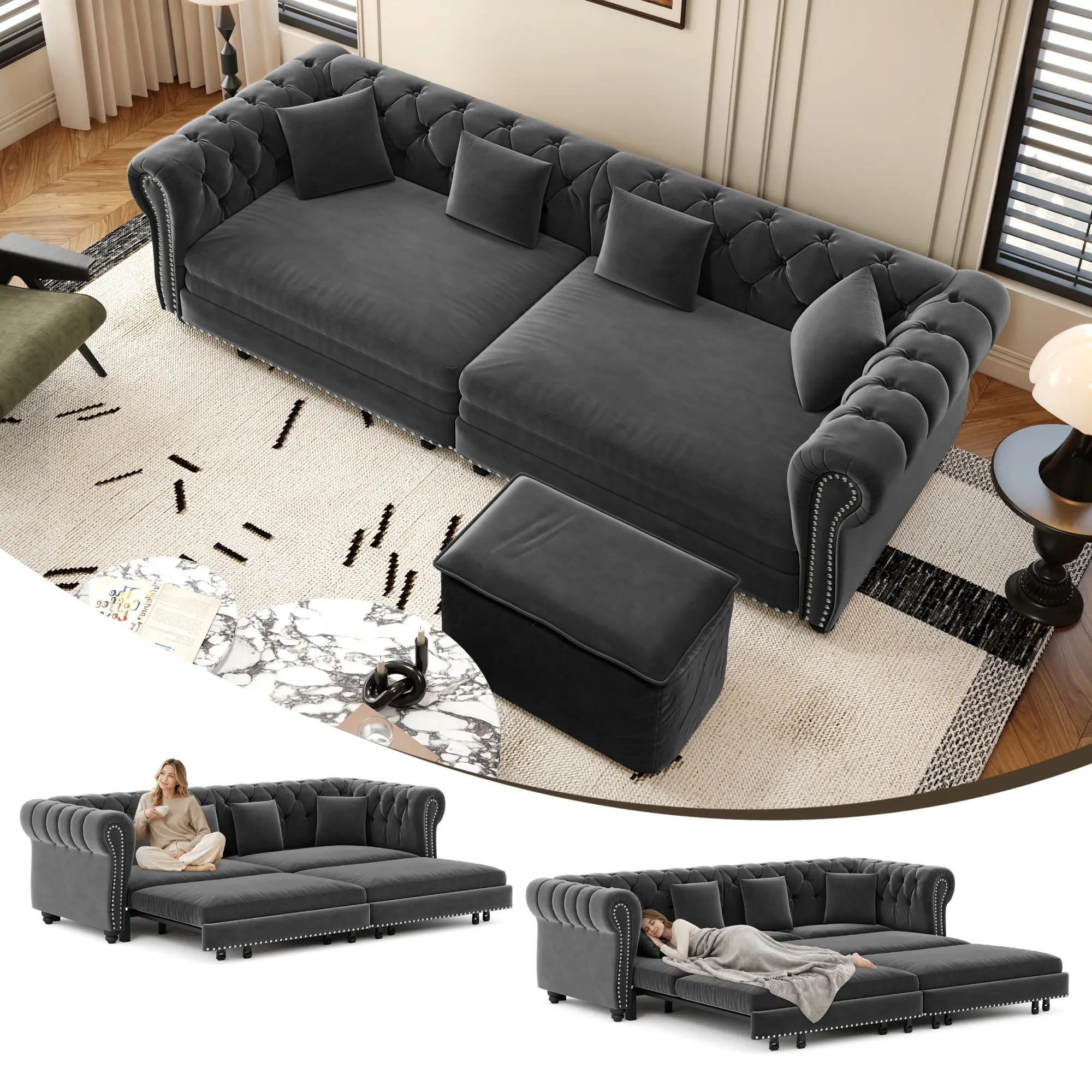 Eyisean 89" King Size Velvet Loveseat Sofa with Pull Out Bed & Ottoman, 3-in-1 Convertible Chesterfield Sleeper Sofa Bed with Tufted Design, Upholstered Couch for Small Spaces, Apartments, Guest Rooms, Living Room