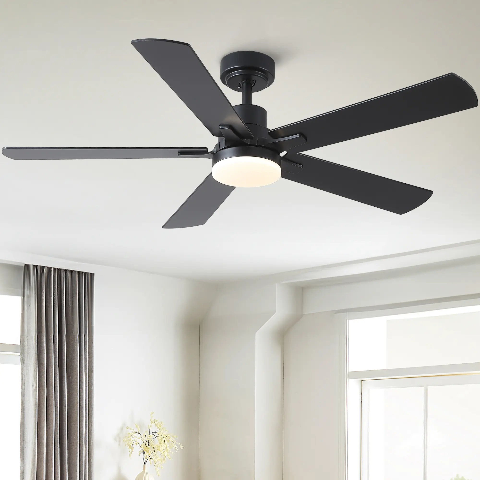YUHAO Hollcrest 52 in. Ceiling Fan with Light, Matte Black Downrod with 6-speed Remote Control, Integrated LED Light, Quiet Reversible DC Motor For Indoor Bedroom Living Room