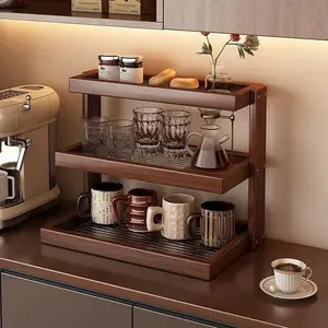 Wooden Mug Holder Rack for Home Countertop, Kitchen Spice Organizer, Beverage Organizer, Multi-Functional Coffee Station Shelf, Cup Display Stand, Desktop Condiment Storage