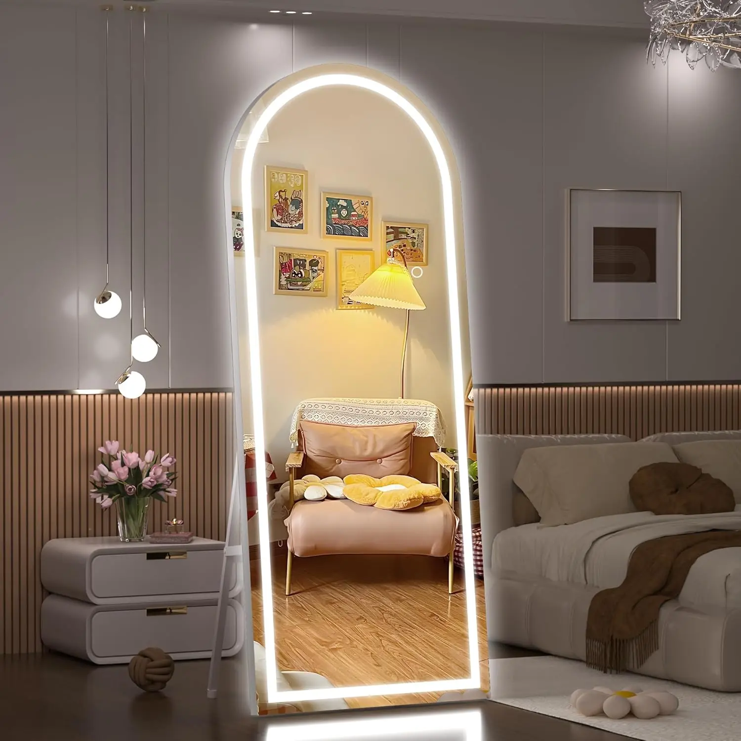 Hasipu Classic Arched LED Makeup Mirror - 69"L x 24"W Tempered Glass Full-Length Freestanding Desk Mirror, 3 Adjustable Lighting Modes (Cold,Warm,Natural Light) with Switch, Elegant Design, Easy Installation, Safety Feature for Living Room,Bedroom Decor