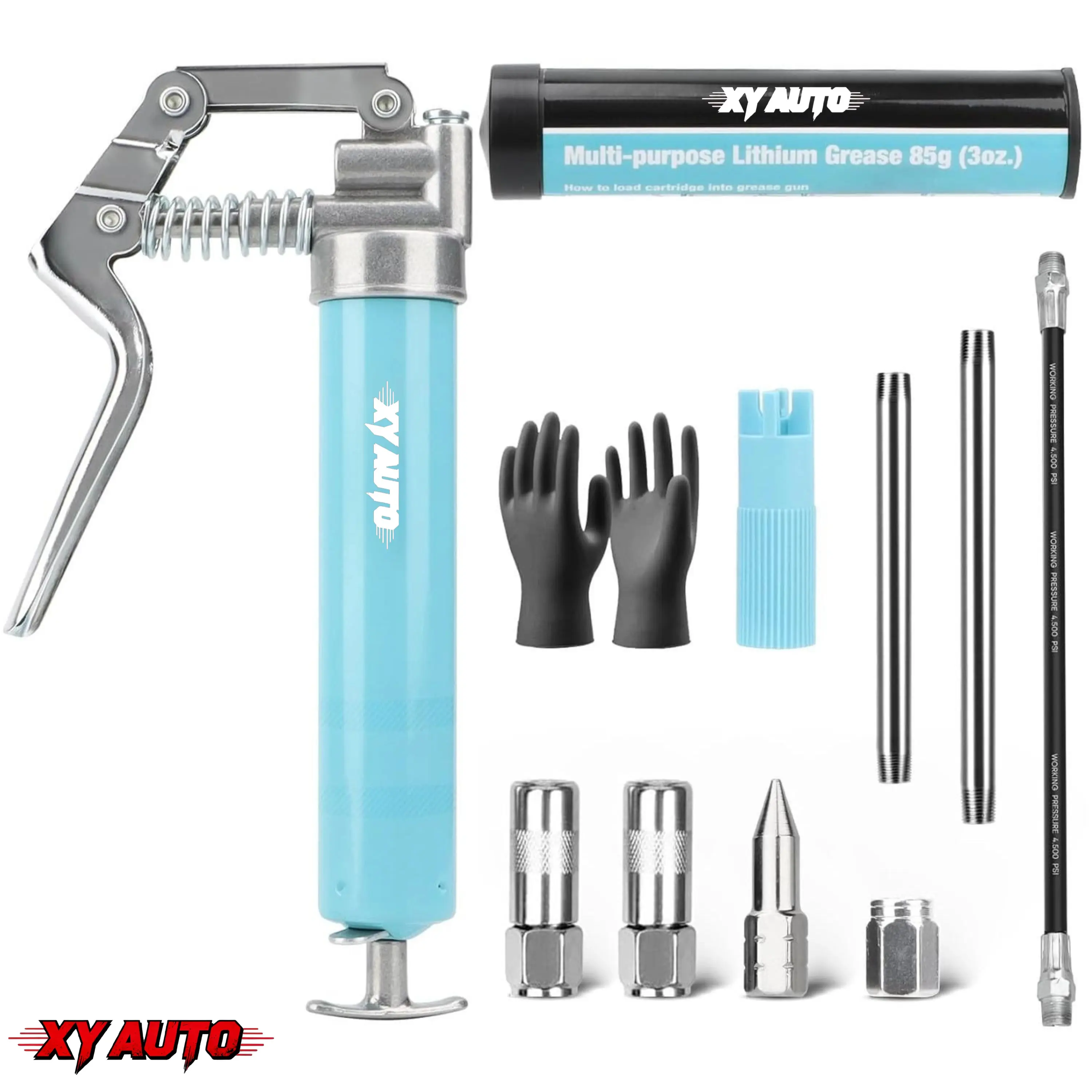 Mini Grease Gun Kit (3.52OZ 3000PSI) with 2Pcs 4-Jaw Couplers, Sharp Nozzle, Extension Adapter, 3OZ Grease, Reinforced Glove & Cleaner, Heavy Duty Automotive Lubrication Tools