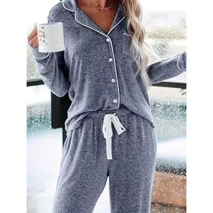 Women's Cozy Cotton-Blend Pajama Set - Long Sleeve, Button-Up Top with Belt & Elastic Waistband Pants, V-Neck, Non-Transparent - Perfect for Spring/Fall