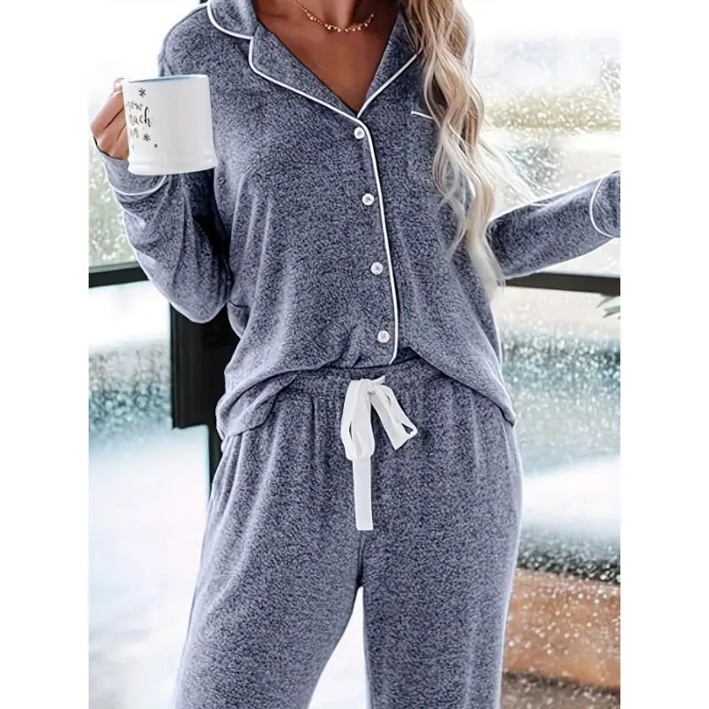 Women's Solid Knit Pajama Set, 2-Piece Casual Cotton-Blend Nightwear with Long Sleeve Belted Button-Up Top and Pants, Loungewear