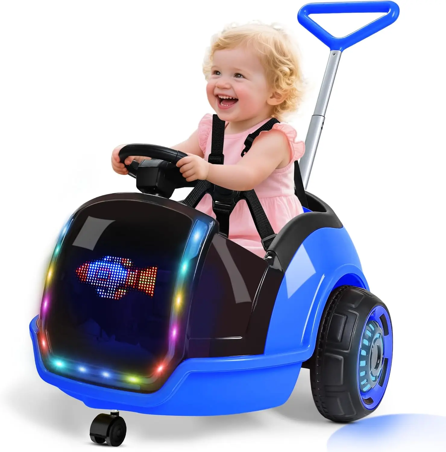 ANPABO 3-in-1 12V Electric Push Ride On Car for Toddlers - Kids Outdoor Play Toy with Remote Control, 360° Spin, 5-Point Safety Belt, Colorful LED Lights, Music Player, Emergency Stop, Ride on Wheels, Toddler Gifts, Spin & Light Fun