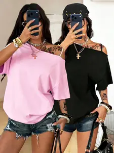 2 Pack Off Shoulder Oversized T-Shirts for Women, Y2K Aesthetic Asymmetrical Strap Casual Tees, Short Sleeve Slouchy Streetwear Tops, TikTok Viral 2026 Edgy Outfit, Perfect for Daily Wear, Club, Party, Concert, Stylish Gothic Tops for Teen Girls, Gen Z