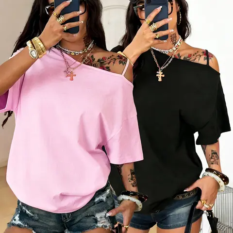 2 Pack Off Shoulder Oversized T-Shirts for Women, Y2K Aesthetic Asymmetrical Strap Casual Tees, Short Sleeve Slouchy Streetwear Tops, TikTok Viral 2026 Edgy Outfit, Perfect for Summer, Daily Wear, Club, Party, Gothic Tops for Teen Girls, Gen Z, Fashion