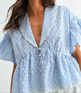 Gingham Embroidered Peplum Blouse