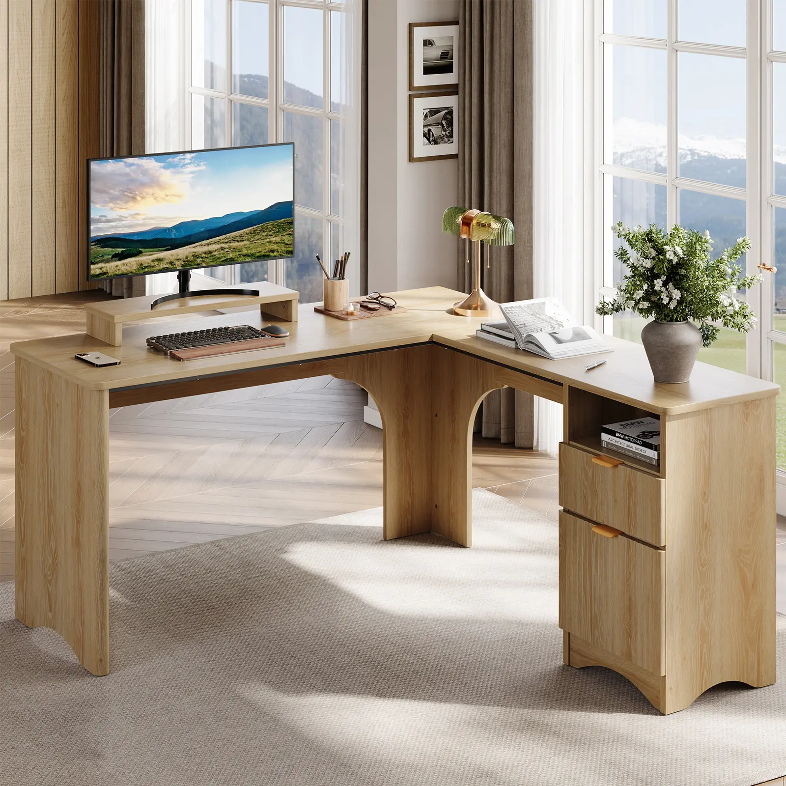 L-Shaped Computer Desk with Monitor Stand, Drawers & Open Shelf, Ergonomic Home Office Workstation