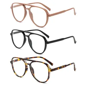 3/4 Pack Oversized Aviator Blue Light Blocking Reading Glasses for Women Men Retro Double Bridge Pilot Style Computer Readers, Comfortable Fashion Eyewear Anti Eyestrain for Laptop Phone Screen Use