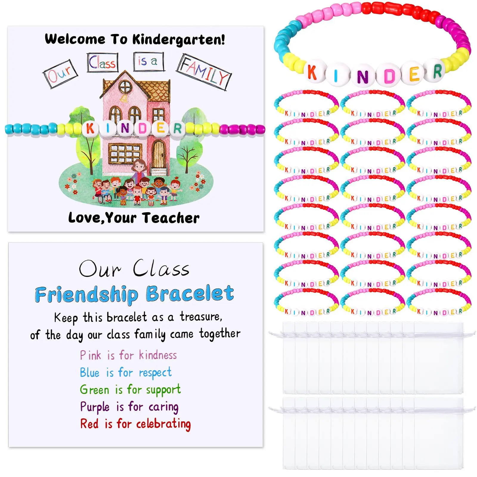 Back to School Gifts for Students, 25 Pack Letter Bead Friendship Bracelets with Class Family Cards and Gift Bags, First Day of School Classroom Favors, Rewards and Teacher Supplies