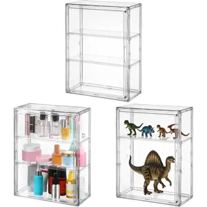 3 Pack Clear Acrylic Display Case, 3 Tier Showcase with Door and Shelves for Figures Collectibles, Wall Or Tabletop