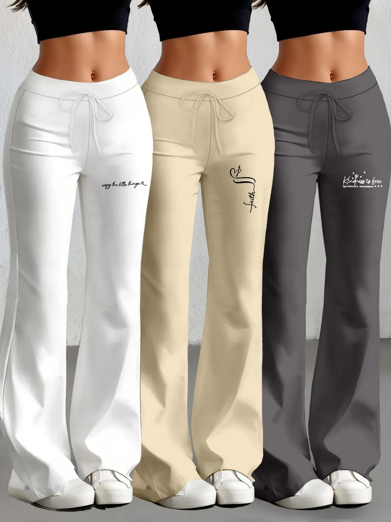 Three-Piece Set Milk Silk Yoga Pants, Casual Fashion Long Pants, Casual Sport Trousers, Drawstring Sports Pants, Drawstring Waist, Wide Leg, Spring & Fall Wear, Fitted Style, Athleisure Style Bottoms, Athletic Casual Pants