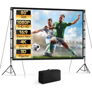 80 Inch Projector Screen with Stand, 16:9 4K HD Portable Outdoor Movie Screen, Anti-Wrinkle Polyester Fabric, Tripod Stand with Carry Bag for Home Theater Backyard Camping