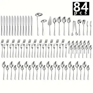 84pcs Stainless Steel Kitchenware Set, Meal Knife, Meal Fork, Meal Spoon, Dessert Fork, Dessert Spoon, Fruit Fork, Pastry Spoon, Cake Spatula, Soup Spoon, Sugar Clip, For Home Kitchen Restaurant Hotel, Kitchen Supplies, Kitchen Utensils Cutlery Tableware