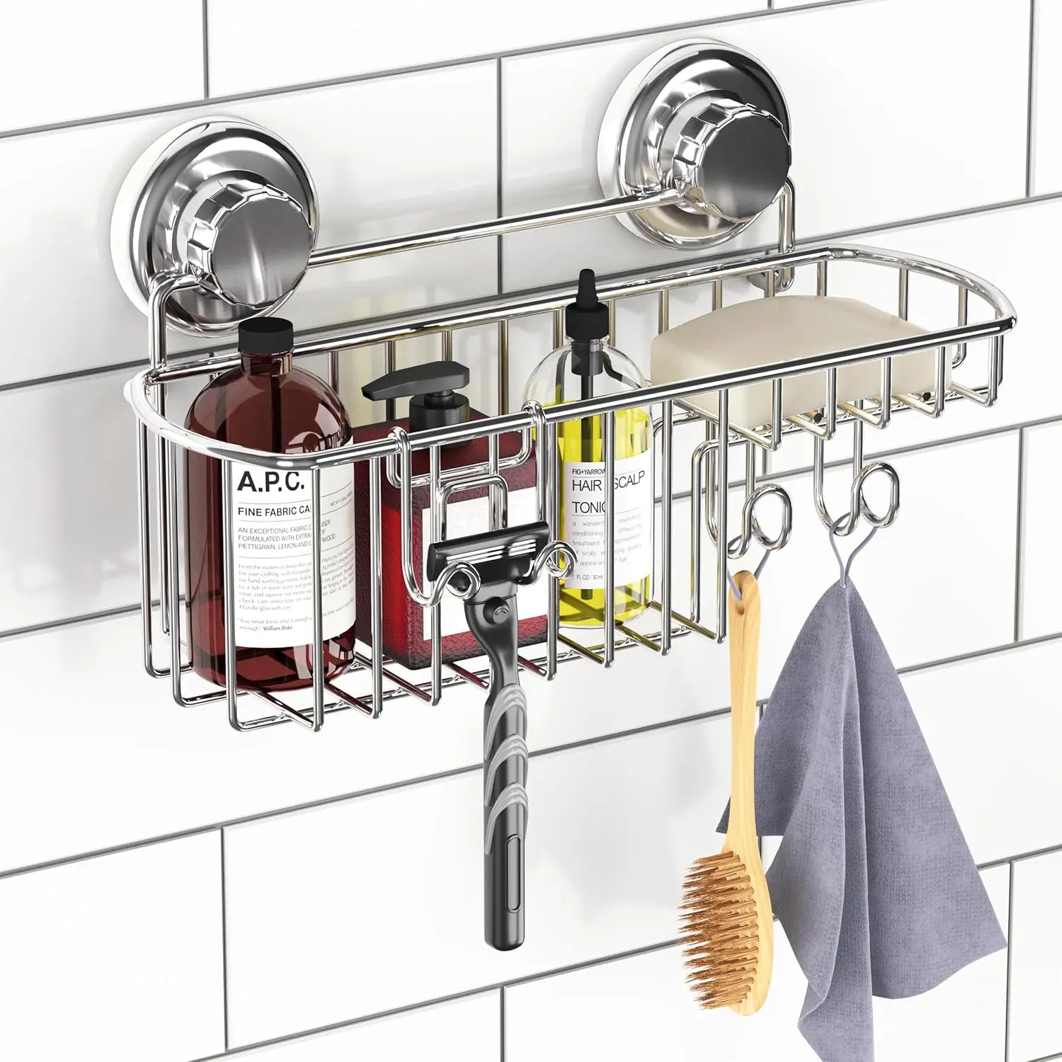 Hasko Smooth Chrome Durable Stainless Steel Suction Cup Shower Caddy Basket - 3M Adhesive Mounting Discs Included, Adhesive Tape, Hooks, Soap Holder, Smooth Glass Wall-Mountable Bathroom Organizer, Easy Installation, Shower Bath Tool