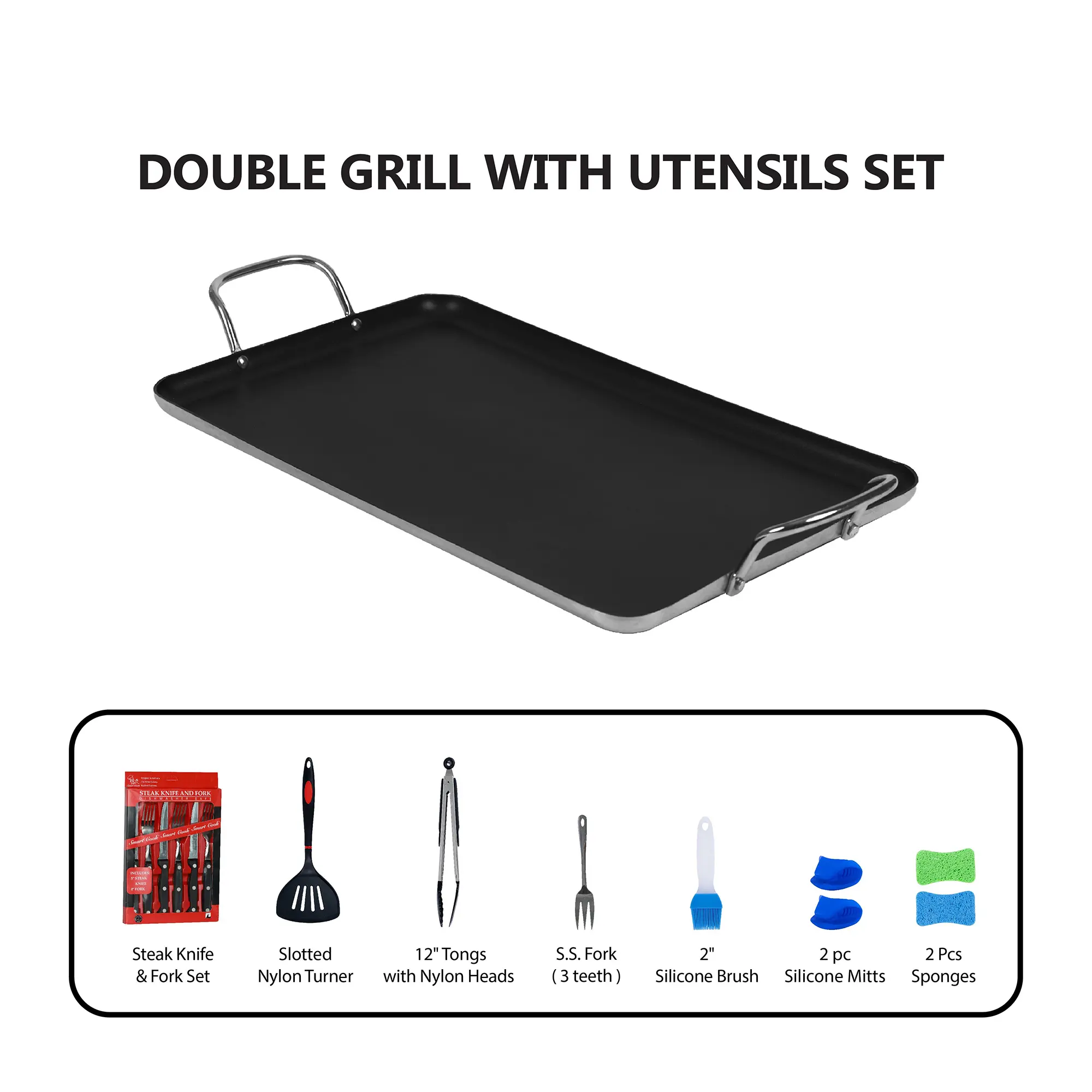 SmartCook Double Burner Griddle/Grill Pan with Utensils Set Nonstick Cookware