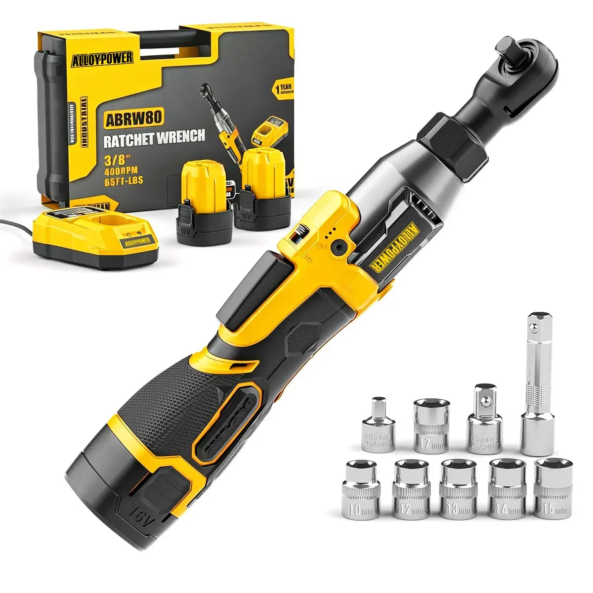 16V Brushless Cordless Ratchet Wrench, 3/8" Drive 65 ft-lbs Torque, 2×Batteries & Fast Charger, Alloy Housing, 6 Sockets (10-17mm), 1/4" & 1/2" Adapters, 3" Extension Bar, LED Light, 0-400 RPM