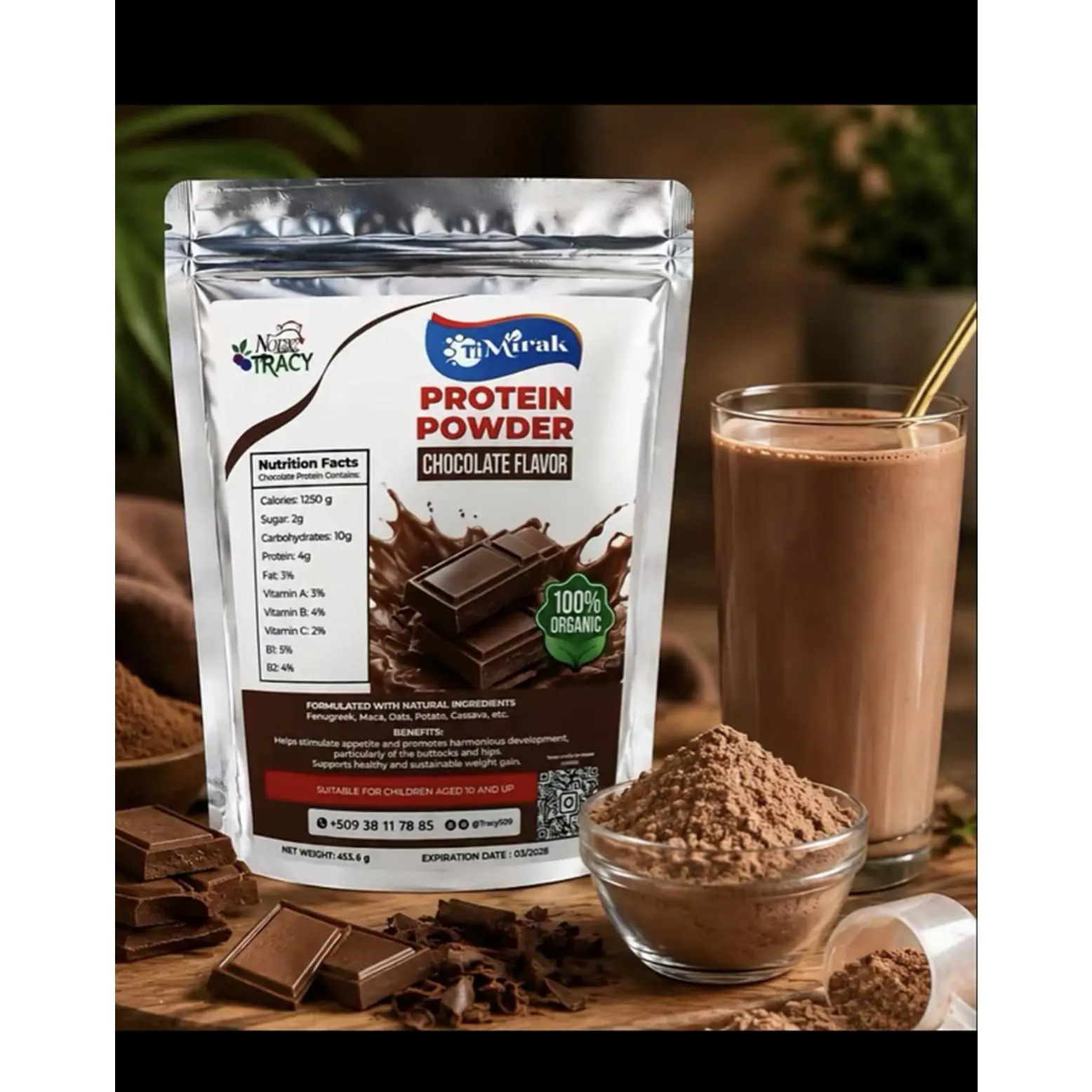 NimTracy Protein Powder Chocolate Flavor 100% Organic 453g Ideal for Children Aged 6 and Up