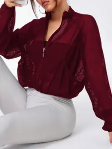 Women's High Neck Quick-Dry Mesh, Transparent Sexy Outerwear with Pockets, Casual Sporty Long Sleeve Loose Fit Yoga Jacket Top
