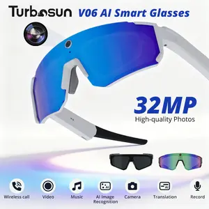 Turbosun V06 New Cycling Smart Glasses,1200P Action Camera, Hands-Free Video, Wireless Bluetooth Headphones,Voice Recording,AI Voice Assistant, UV-Protective Lenses, Magnetic Phone Pairing for Outdoor Sports
