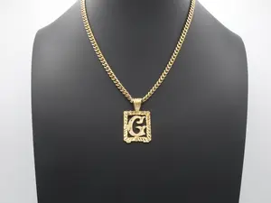 Gold Initial Necklace with 4mm Curb Style Chain, 14k Gold Plated, Rectangular Pendant Durable Everyday Wear Unisex Jewelry
