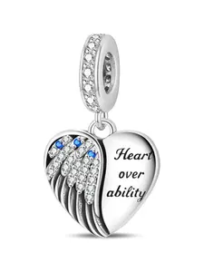 Fit Pandora Bracelet Plated 925 Silver Angel Wing Heart Dangle Charm "Heart Over Ability" Inspirational Bead DIY Jewelry Making Charms
