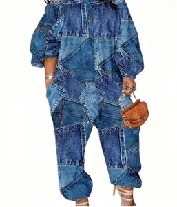 Denim Patchwork Off-Shoulder Jumpsuit - Retro Street Chic One-Piece with Contrast Stitching, Oversized Fit, Strappy Heels & Mini Crossbody Bag for Party Style
