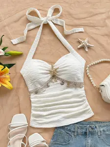 Women's Spring Summer New Versatile Fashion Comfortable Sleeveless Special Texture Shell Lace Star Decoration Halter Neck Backless Top Tank Shirt Womenswear