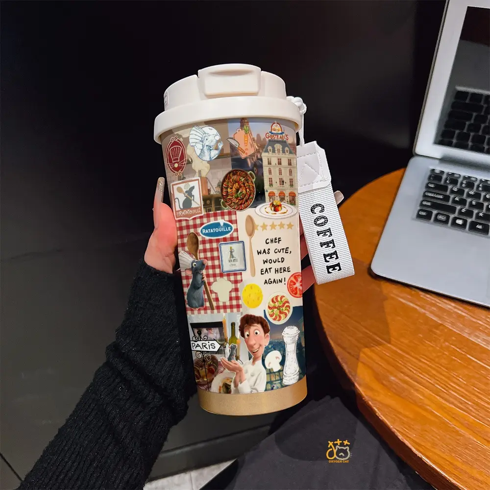 530ML/ 17.92oz Ratatouille Chef Remy Paris Food Collage Pattern Print Phone CaseCoffee mug with straw and lanyard | 316 stainless steel, keeps drinks hot & cold | Portable travel & sports cup | Ideal for home and outdoor activities. Thermal Coffee Mug