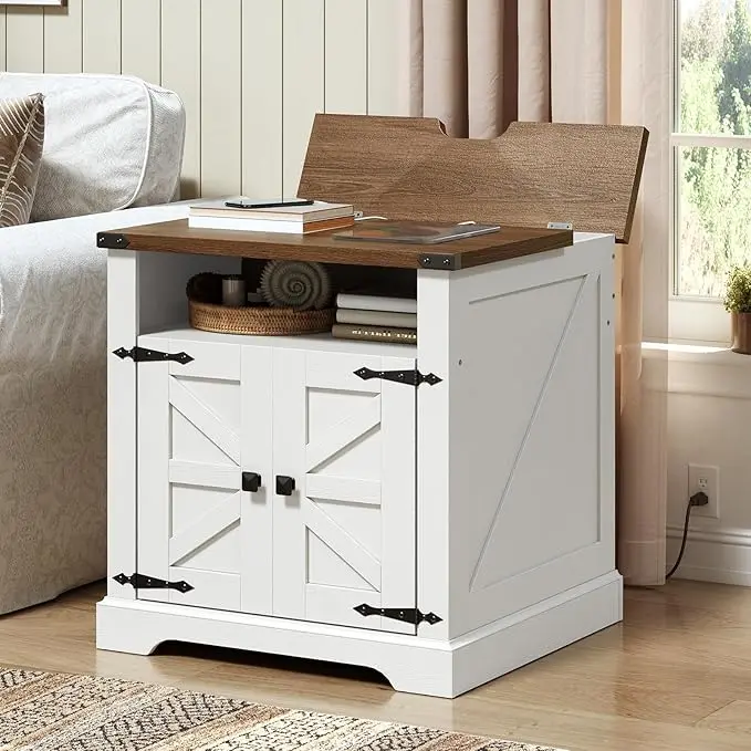 HOOBRO Farmhouse End Table with Charging Station, 23.6" Large End Tables for Living Room, Sofa Side Table with Barn Door, Wooden Square Nightstand Bedside Table, Flip Top, White and Walnut #SummerVibes
