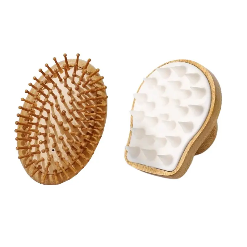 Bamboo Hair Care Set, Bamboo Hairbrush, Air Cushion Comb + Silicone Scalp Massager Brush, Dry Wet Use, Smooth Hair Cleaning Tool, Essential Haircare Kit