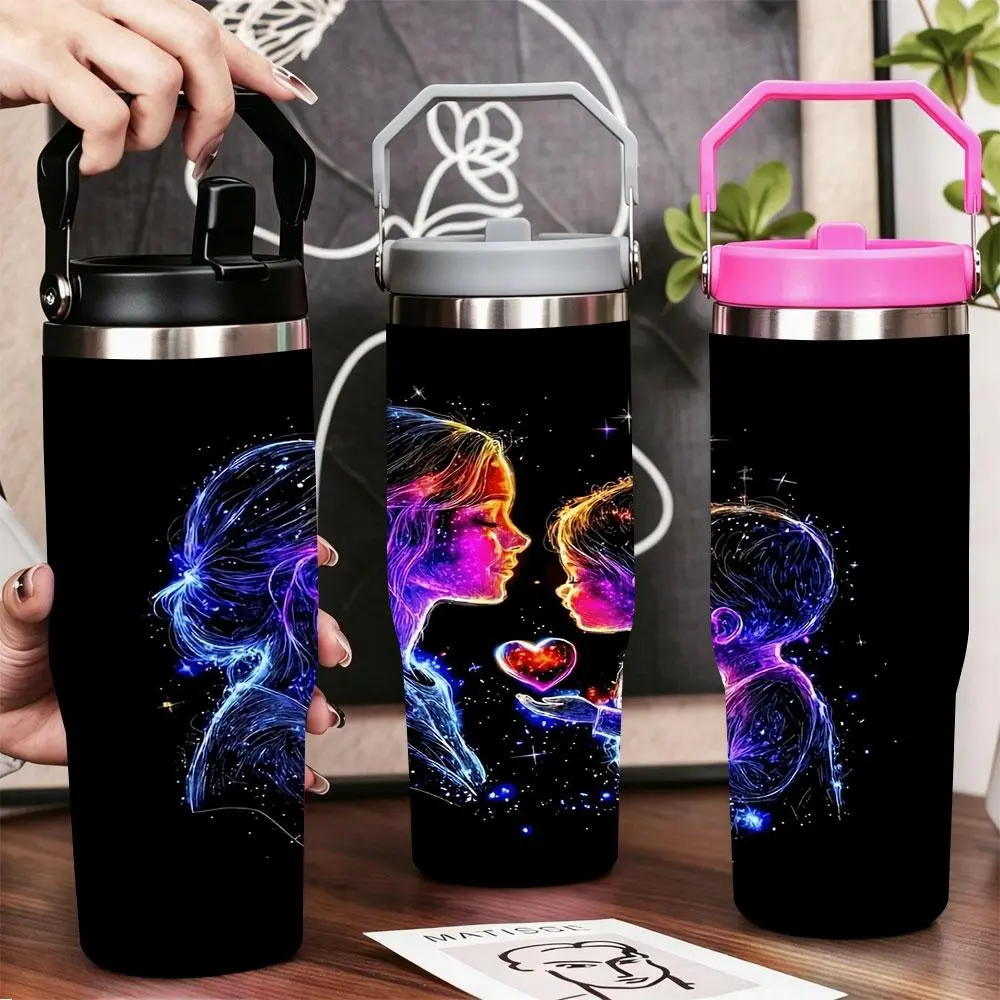 Mother and Child Neon Heart Galaxy Stainless Steel Tumbler Flask Bottle, 40oz/30oz/22oz/20oz/12oz Double Wall Vacuum Insulated Leak-Proof BPA-Free Travel Cup with Lid & Straw, Keeps Cold & Hot for Gym, Office, Heart Motif