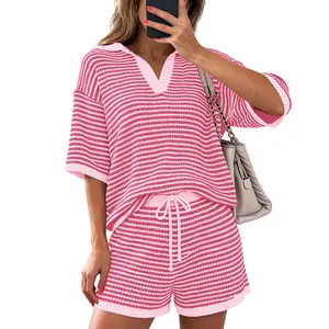EncoLax Womens Sweater Set 2 Piece Outfits Oversized 3/4 Sleeve V Neck Knit Tops High Waisted Shorts Lounge Sets