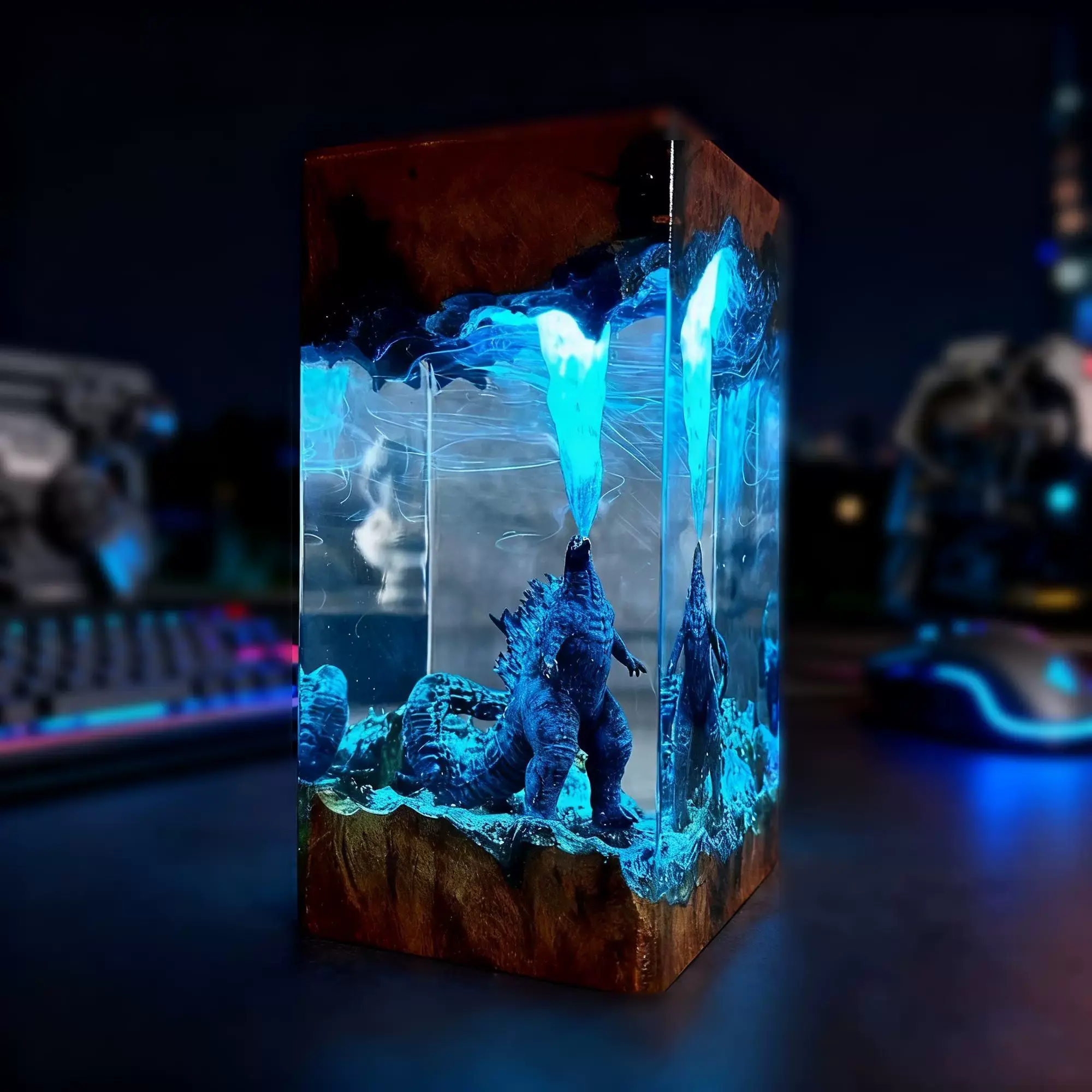 Handmade Godzilla LED Resin Night Light - King of Monsters Atomic Breath 3D Monster Diorama Lamp, Atmosphere Bedside Illuminated Desk Mood Light, Home Decor Decoration Lamp for Gaming Setup, Perfect Gift for Movie Fans Gamers (Birthday Christmas), Atmosph