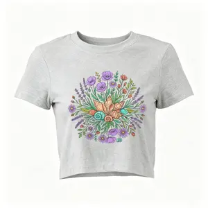 Women’s Seashell Wildflower Mandala Art Crop Top - Bohemian Coastal Floral Graphic Tshirt with Denim-Vibe Fabric, Casual Pants-Matching Beach Vacation Boho Summer Outfit Top