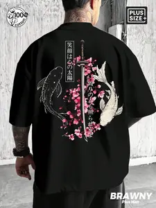 Men's Plus Size 100% Cotton Japanese Koi Sakura Samurai Katana Ukiyo-e Graphic Oversized T-Shirt, Dark Retro Japanese Streetwear Short Sleeve Crew Neck Tee for Summer Daily Wear