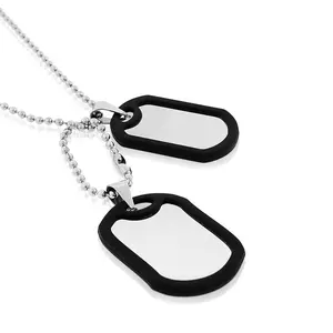 Men's Double Dog Tag Pendant Necklace - Stainless Steel Black Rubber