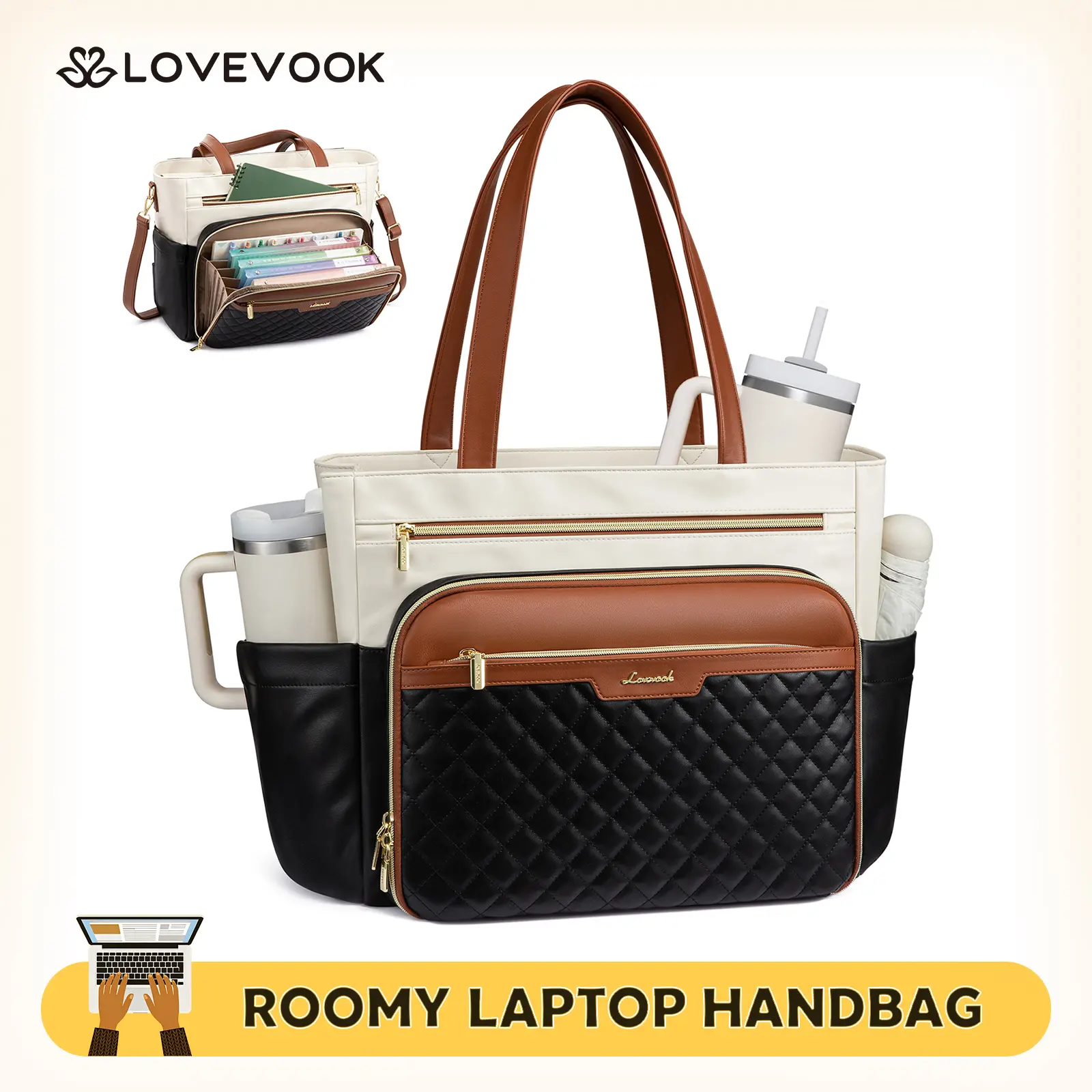 LOVEVOOK Teacher Tote Bag with Accordion File Pocket, Soft PU Leather Work Briefcase Quilted Laptop Bag with Large Cup Holder