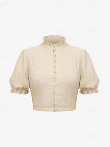 Rgothic Plus Size Ruffled Crop Top - Dark Victorian Elegance with Puff Sleeves & Front Buttons for Spring Summer Fall