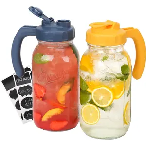 ASD Glass Mason Jar Pitcher  Lid, Wide Mouth Flip Cap Pour Spout Leak-proof Lid  Handle, 64 oz (2 Quart / 1.9 Liter), for Sun Tea/Iced Tea/Juice/Cold Brew Coffee/Milk spray bottle Dish with Silicone Sealing and Curler Rectangular Divided Casserole
